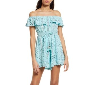 BAROK PARIS Eyelet Ruffle Off The Shoulder Romper In Aqua shiny elastic waist M